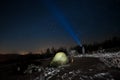 Man Pointing Blue Flashlight To Starry Sky