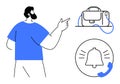 Man pointing at briefcase and notification symbols, representing business and communication concepts