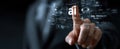A man is pointing at a computer screen with the word AI on it Royalty Free Stock Photo