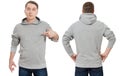 Man pointing copy space in template mens hoodie sweatshirt isolated on white background. Man in blank sweatshirt hoody with mockup Royalty Free Stock Photo