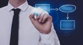 Man pointing at flowchart on virtual screen against dark blue background, closeup. Business process