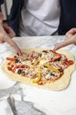 Man pointing at homemade pizza Royalty Free Stock Photo