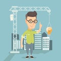 Man pointing at idea bulb hanging on crane. Royalty Free Stock Photo