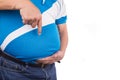 Man pointing own unhealthy big belly with visceral subcutaneous