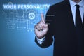 Man pointing at phrase YOUR PERSONALITY on virtual screen against blue background, closeup