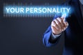 Man pointing at phrase YOUR PERSONALITY on virtual screen against dark background, closeup