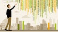 Man pointing at raining binary code over city skyline, technology concept Royalty Free Stock Photo