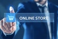 Man pointing at search bar with phrase Online Store on virtual screen, closeup