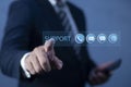 Man pointing support button on virtual screen against dark background, business, technology, internet and networking concept.