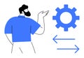 Man Gesturing Towards Gear with Opposing Arrows Representing Process Collaboration Royalty Free Stock Photo
