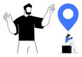 Two people with large location marker, black and blue color scheme, emphasizing navigation and direction
