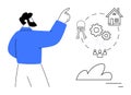 Man Pointing at Visualization of Homeownership, Teamwork, and Property Keys Royalty Free Stock Photo