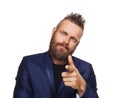 Man pointing at you, bearded guy isolated on white Royalty Free Stock Photo