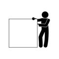 Man points with his hand to a banner, stick man silhouette shows a finger on a large white sheet, blank