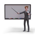 Man points to empty blackboard and reads text from notebook. Public speaking, presentation Royalty Free Stock Photo