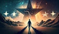 Man points to the star and leads his friends to follow him on his way forward, success journey, leadership. Generative ai