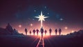 Man points to the star and leads his friends to follow him on his way forward, success journey, leadership. Generative ai