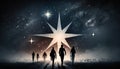 Man points to the star and leads his friends to follow him on his way forward, success journey, leadership. Generative ai