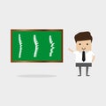 The man points to three spines on the screen. Vector Illustration Man Doctor Studying Problems Spine Patient. Doctor Uses Virtual