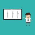 The man points to three spines on the screen. Vector Illustration Man Doctor Studying Problems Spine Patient. Doctor Uses Virtual