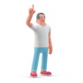 Man points up shows up finger standing on white background 3D illustration