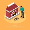 Man with poker near red white fire place from brick on orange background isometric vector illustration Royalty Free Stock Photo