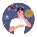 Man with polen allergy. Runny nose and watery eyes. Seasonal disease.