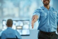 Man, police and handshake for meeting, security or partnership together in team surveillance at office. Male person Royalty Free Stock Photo