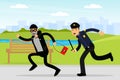Man Police Officer or Policeman with Truncheon Chasing Thief Escaping with Stolen Handbag Vector Illustration