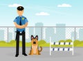 Man Police Officer or Policeman with Truncheon and Tracker Dog Vector Illustration