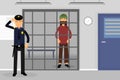 Man Police Officer or Policeman with Truncheon Watching Arrested in Prison Vector Illustration