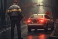 A man in a police uniform is standing by a car on a rainy day, rear view Highway patrol worker checking the car in an accident, AI