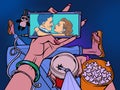 Man with popcorn at home watching online movie theater. Home online movie theater, an online TV streaming video service