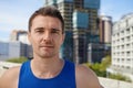 Man, portrait and fitness in city for running, sports or outdoor workout, exercise or training. Face of active male Royalty Free Stock Photo