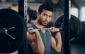 Man, portrait and push press barbell for workout at the gym for strong muscles in a close up. Male athlete, exercise and Royalty Free Stock Photo
