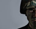 Man, portrait and soldier with camouflage for army, military war or battle on a gray studio background. Closeup of male Royalty Free Stock Photo