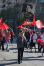 Man with portrait of Soviet dictator Josef Stalin takes part in the May day demonstration in Volgograd