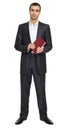Man portrait in suit with book on white at studio Royalty Free Stock Photo