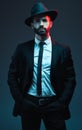 Man portrait, suit or fashion on studio background in secret spy, dark isolated mafia or crime lord aesthetic. Model Royalty Free Stock Photo