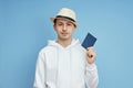 Man portrait tourist with a passport in hand, man in the hat