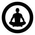 Man in pose lotus Yoga pose Meditation position silhouette Asana icon black color illustration in circle round Royalty Free Stock Photo
