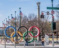 Man Posing by Olympic Rings in Atlanta Royalty Free Stock Photo