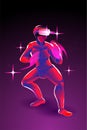 The man posing prepare to fight, by wearing virtual reality machine VR, imagination to fight someone in digital world, tai chi,