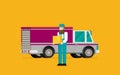 Man postal delivery courier man in front of cargo van delivering package Royalty Free Stock Photo