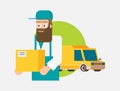 Man postal delivery courier man in front of cargo van delivering package Royalty Free Stock Photo