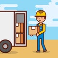 man postal delivery courier man in front of cargo truck delivering package Royalty Free Stock Photo