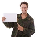 Man with poster, military recruitment and advertising on white background with patriot and smile in portrait. Army