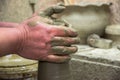 Man potter at work creating some traditional cups of white clay, Lassithi, Crete, Greece.