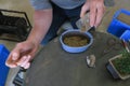 A man pouring soil for repotting bonsai