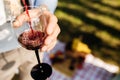 Man pours red wine in glass at picnic Royalty Free Stock Photo